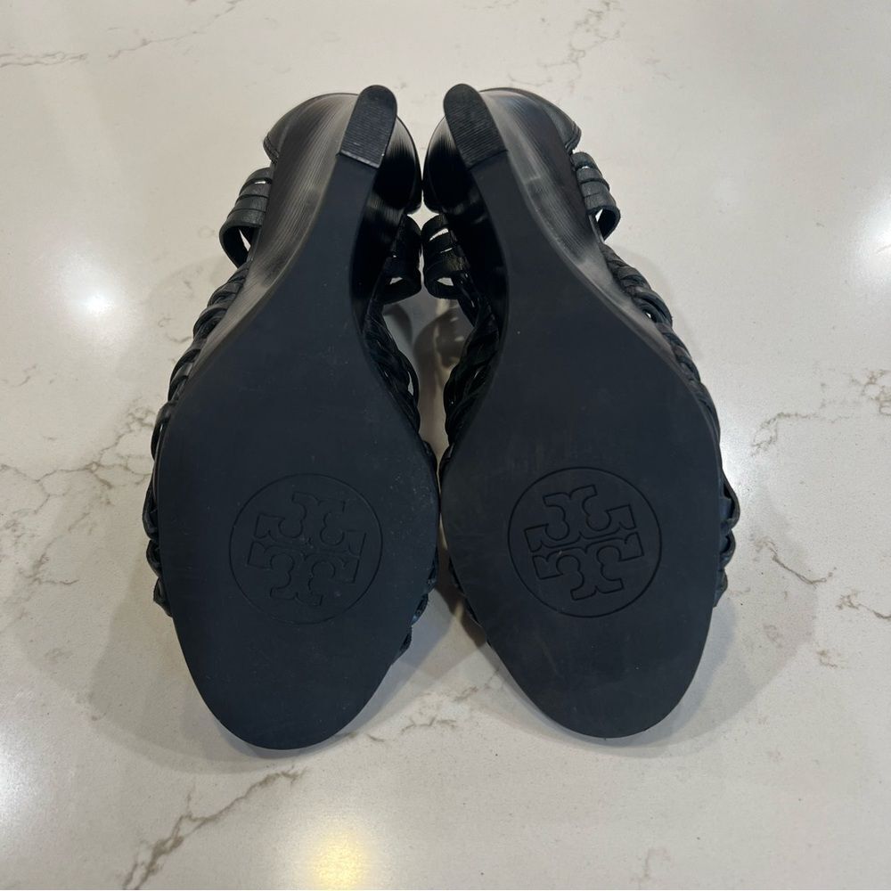 Tory Burch Black Leather Tevray Huarache Wedge Sandals - Picture 10 of 10